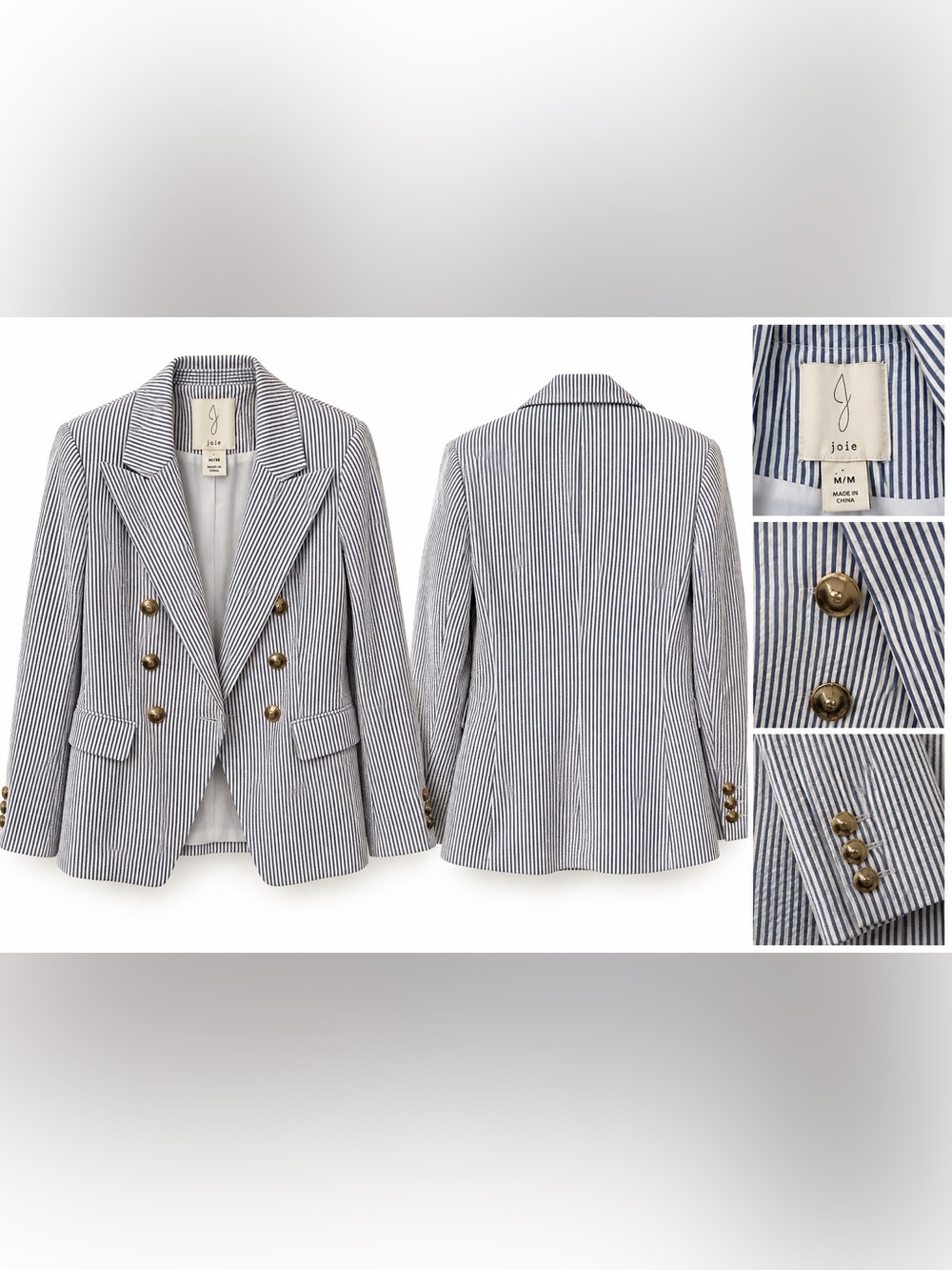 Joie Blue & White Seersucker Striped Double-Breasted Blazer – Size Medium